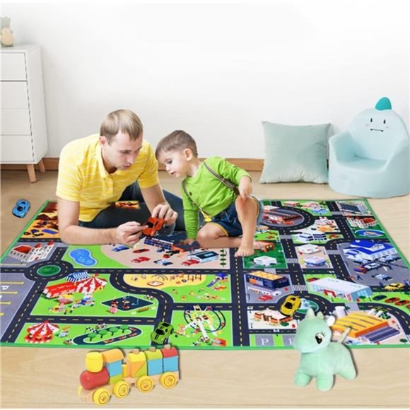 Kids Car Rug Play Mat with 4 Cars - Kids Carpet Playmat Rug, (59”x46.9”) - Picture 2 of 7